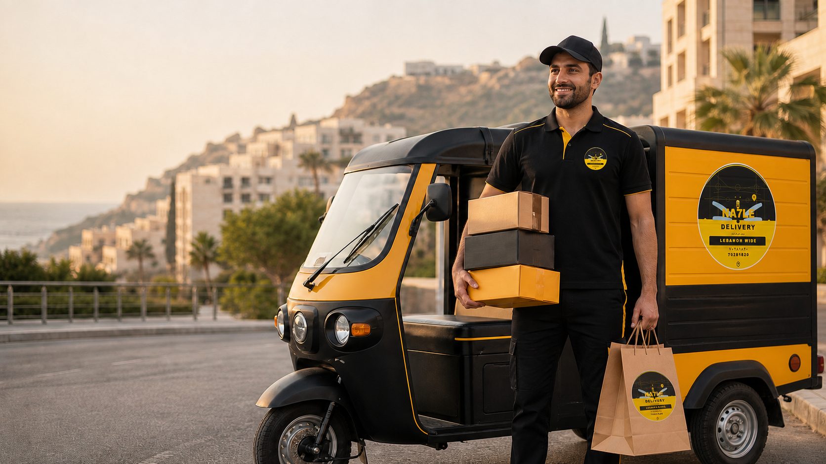Professional Na7le courier and branded tuk-tuk delivering orders in Lebanon